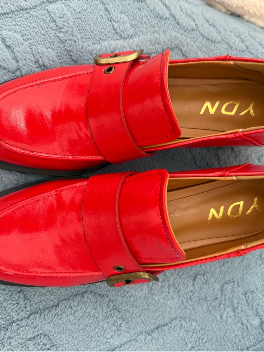 YDN Red Patent Leather Slip-On Loafers with Buckle Strap